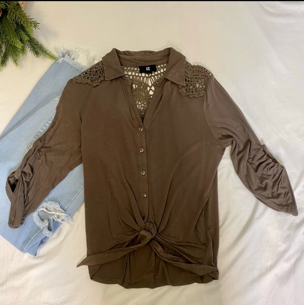 Olive tie-front blouse with crochet detailing by Iz Byer